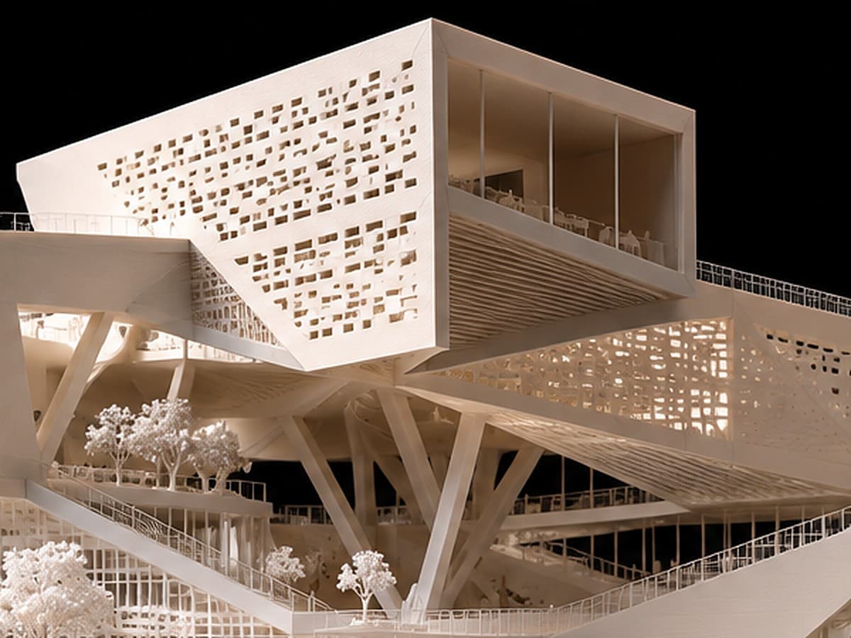 Close-up of a model's perforated facade and cantilevered glass room