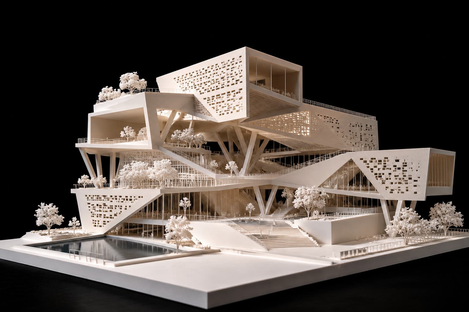 A white 3D printed scale model of a stacked cultural building with roof gardens, perforated facades and a reflecting pool