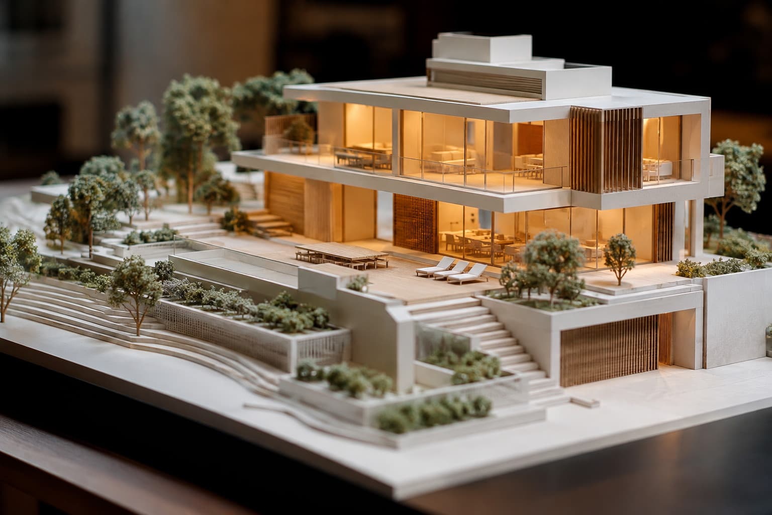 A scale model of a modern house on a sloping site, with terraces, stairs and planted gardens