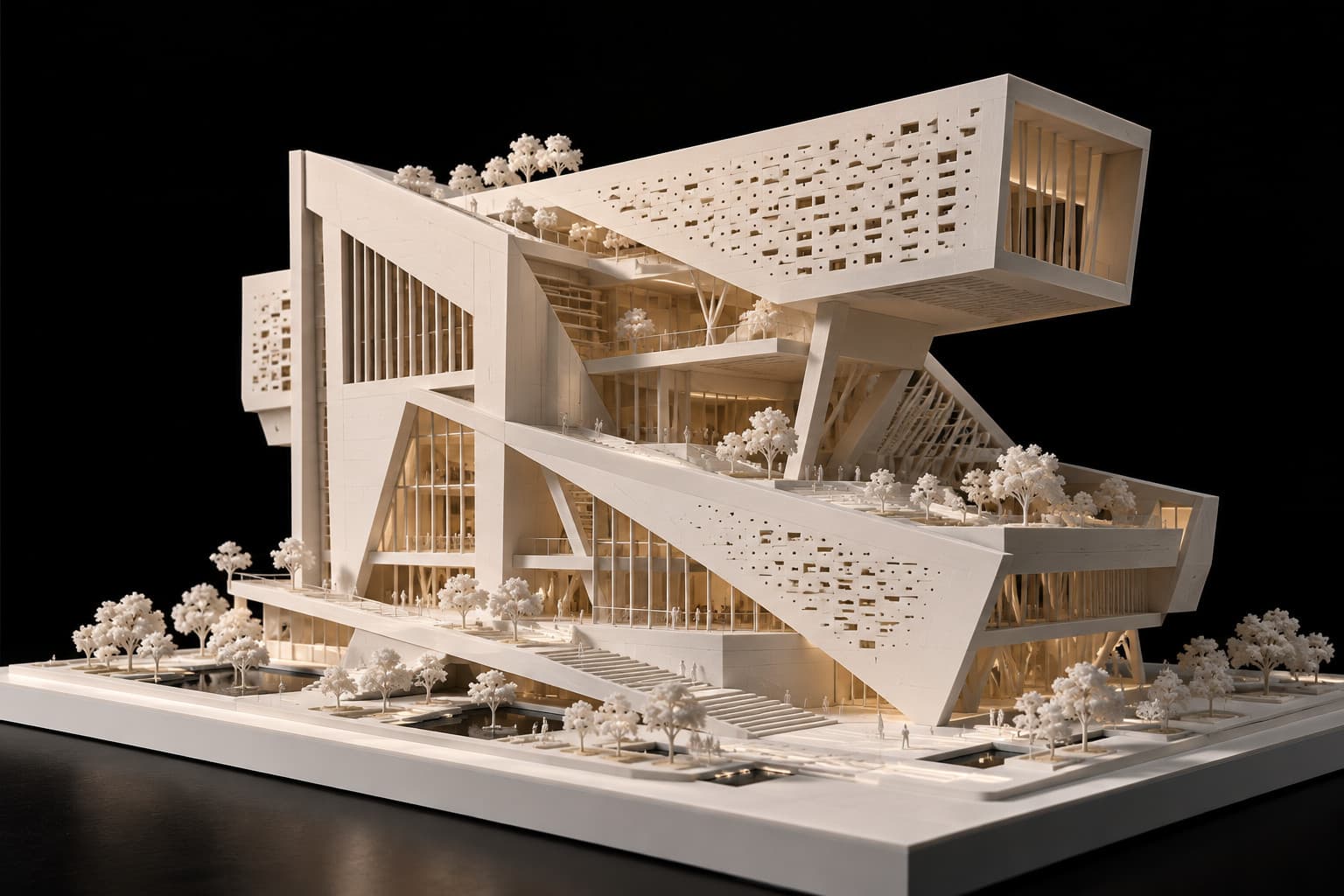 A white 3D printed scale model of a cultural building with angled, cantilevered volumes, perforated facades and trees