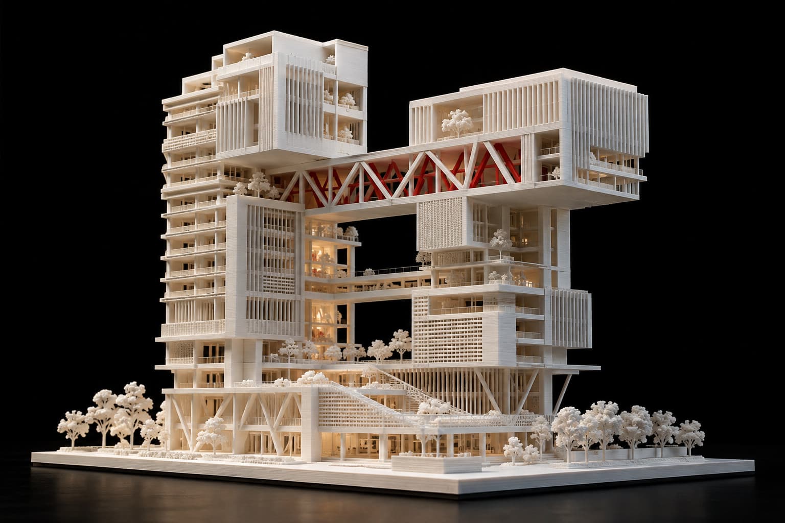 A white 3D printed scale model of two towers joined by a red truss bridge, with trees at their foot